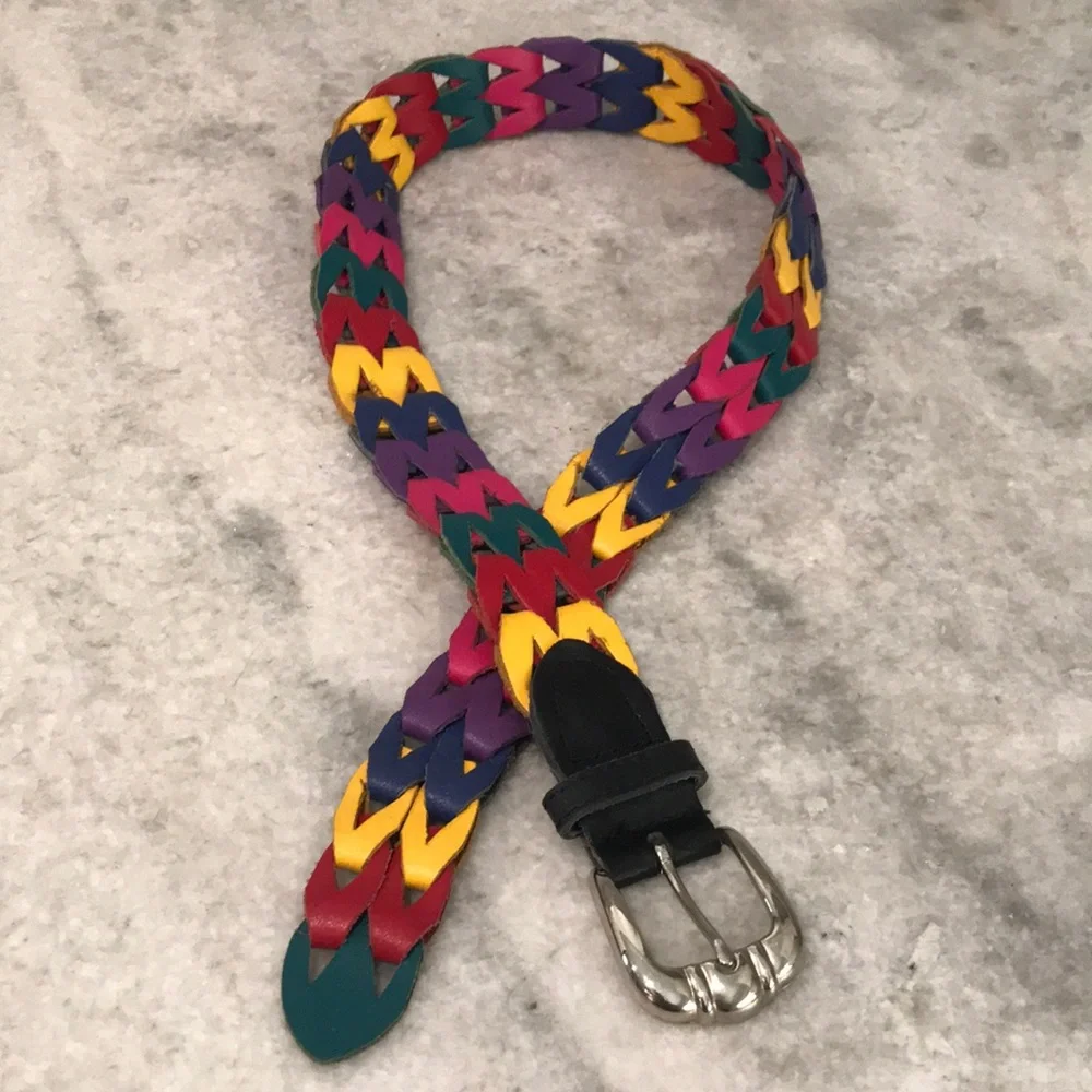 Bohemian Belt Womens Medium Multicolor Leather Weave Hippie Gypsy Artsy Mod Gogo